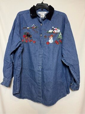 Victoria Jones Embroidered Denim Holiday Button-Up Shirt